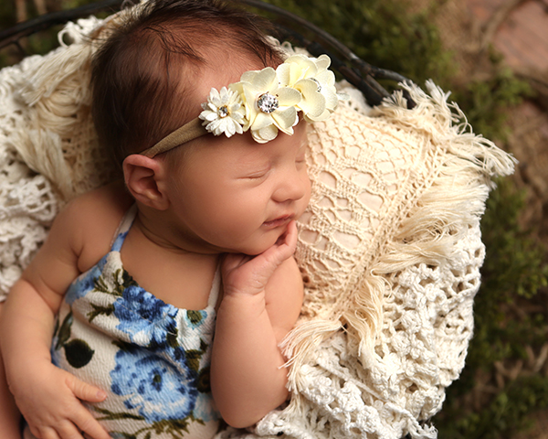 baby sleeps on tiny bed during newborn photoshoot in carmel