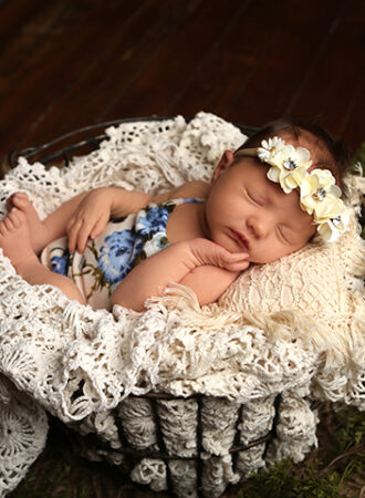 baby sleeps in wire egg basket during newborn photoshoot in carmel